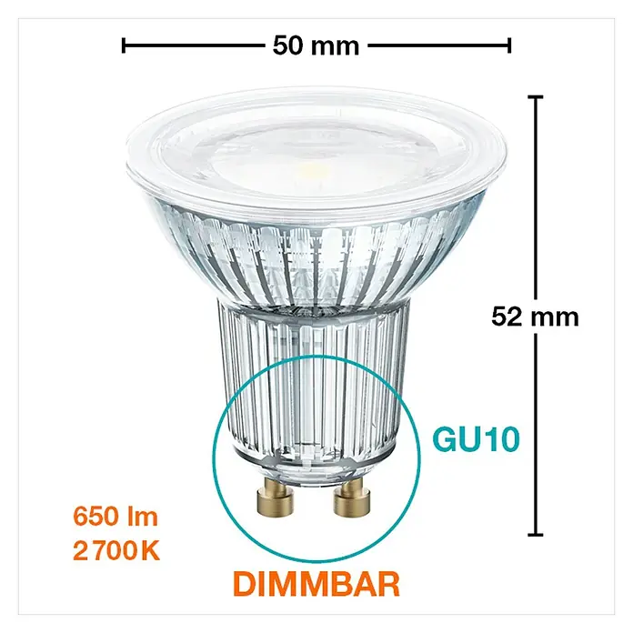 Osram Superstar Bombilla LED Superstar PAR16 - GU10, Intensidad regulable, Blanco cálido, 650 lm, 7 W - Bombilla LED GU10 regulable con 650 lúmenes y temperatura de color de 2700K. Dimensiones: 50 mm de diámetro y 52 mm de altura.\n