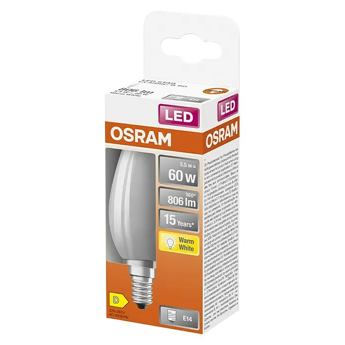 Osram Retrofit Bombilla LED Vela - E14, No regulable, Blanco cálido, 806 lm, 6 W - Embalaje de una bombilla LED Osram con base E14, blanco cálido, 5.5W equivalente a 60W, 806 lúmenes y 15 años de vida.
