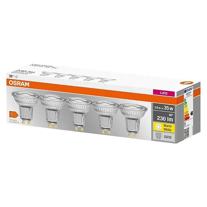 Osram LED-Lampen Set Reflektor GU10 - GU10, Nicht Dimmbar, Warmweiß, 230 lm, 2,6 W, 5 Stk. - Das LEDVANCE OSRAM GU10 LED Leuchtmittel-Set mit 5 Lampen, warmweißem Licht und einer Leistung von 2,6W, ideal für stimmungsvolle Beleuchtung.