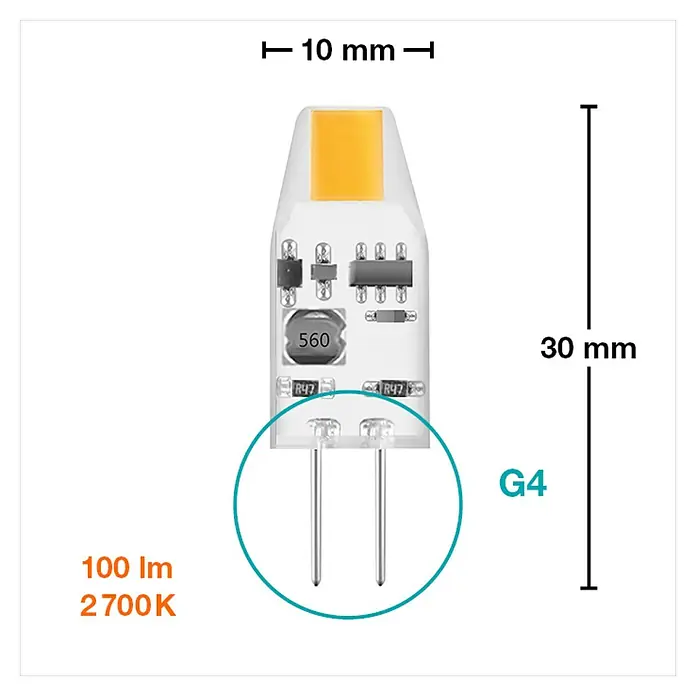 Osram LED-Lampe Pin G4 MR16 - G4, Nicht Dimmbar, Warmweiß, 100 lm, 1 W - Abbildung einer G4 LED-Lampe mit Informationen zu Größe und technischen Daten wie 100 Lumen und 2700K.