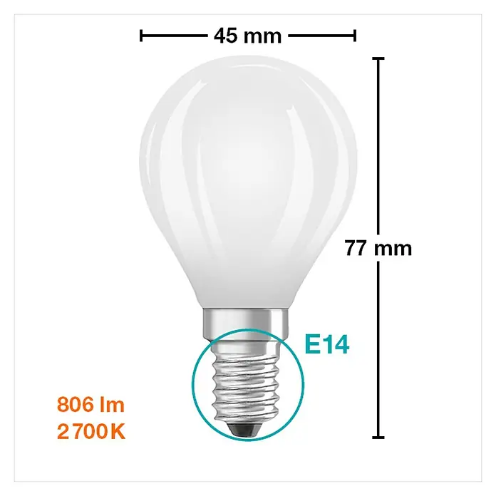 Osram Retrofit Bombilla LED Classic P 60 - E14, No regulable, Blanco cálido, 806 lm, 4 W - Imagen de una bombilla LED E14 en forma esférica, de 45 mm de diámetro y 77 mm de longitud, con detalles técnicos como 806 lm y 2700 K.