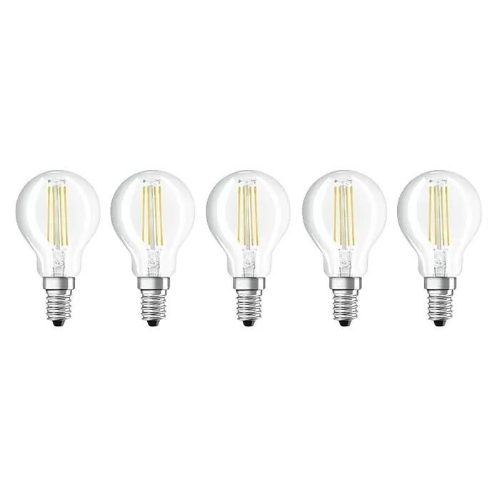 Osram Retrofit LED-Lampe Tropfenform E14 klar - E14, Nicht Dimmbar, Warmweiß, 470 lm, 4 W, 5 Stk. - Fünf LED-Glühbirnen im klassischen Design, ideal für stimmungsvolle Beleuchtung und energieeffiziente Lichtquellen.