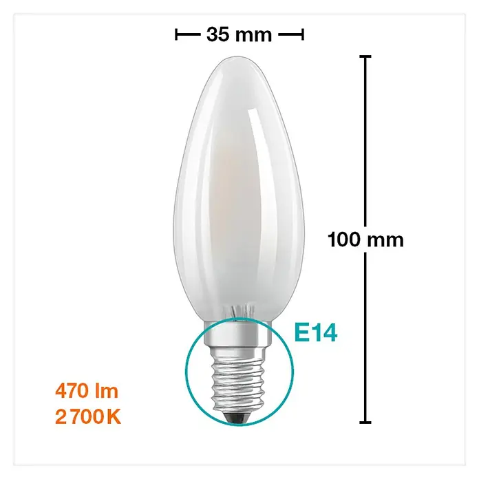 Osram Bombilla LED Retrofit Classic B - E14, No regulable, Blanco cálido, 470 lm, 4 W, Mate - Imagen de una bombilla LED E14 en forma de vela con dimensiones de 35 mm de diámetro y 100 mm de altura.