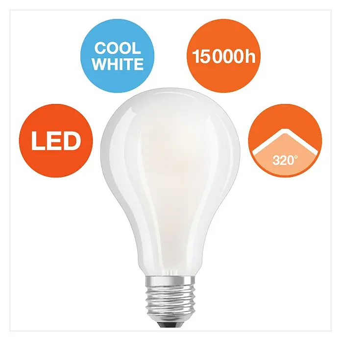 Osram LED-Lampe Glühlampenform E27 matt - E27, Nicht Dimmbar, Kaltweiß, 3.452 lm, 24 W - Nahaufnahme einer LED-Lampe mit Angaben zu Farbtemperatur, Lebensdauer und Abstrahlwinkel.