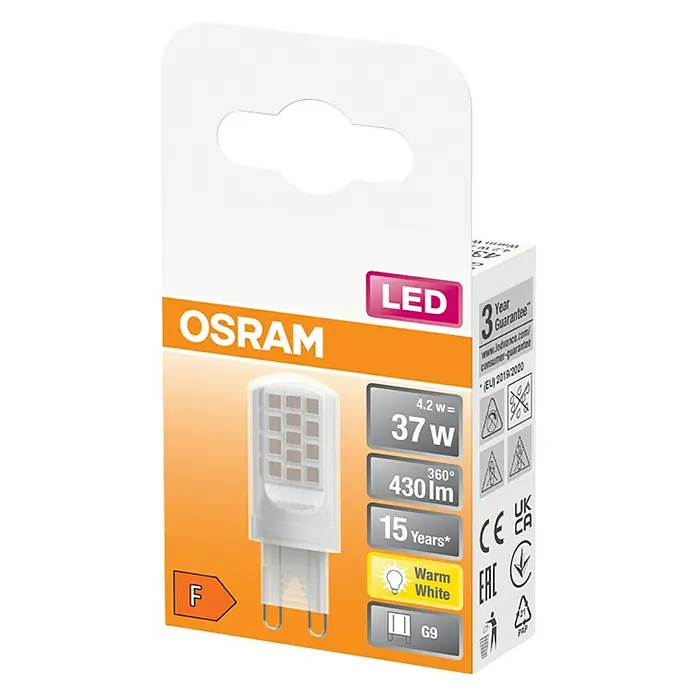 Osram LED-Lampe Pin G9 - G9, Nicht Dimmbar, Warmweiß, 430 lm, 42 W - LED-Lampe von Osram mit 4,2 W Leistung, 37 W Entsprechung, 430 lm Lichtstrom, warmweißem Licht und G9-Sockel für angenehme Beleuchtung.