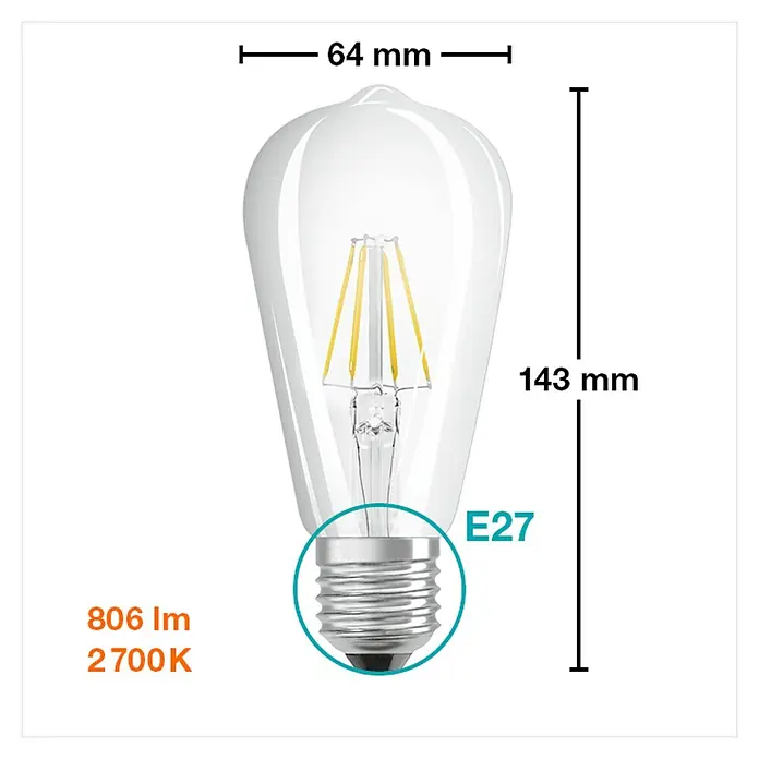 Osram Bombilla LED Retrofit Classic ST - E27, No regulable, Blanco cálido, 806 lm, 6 W - Imagen de una bombilla de filamento LED transparente estilo Edison con base E27, que mide 64 mm de ancho y 143 mm de alto.