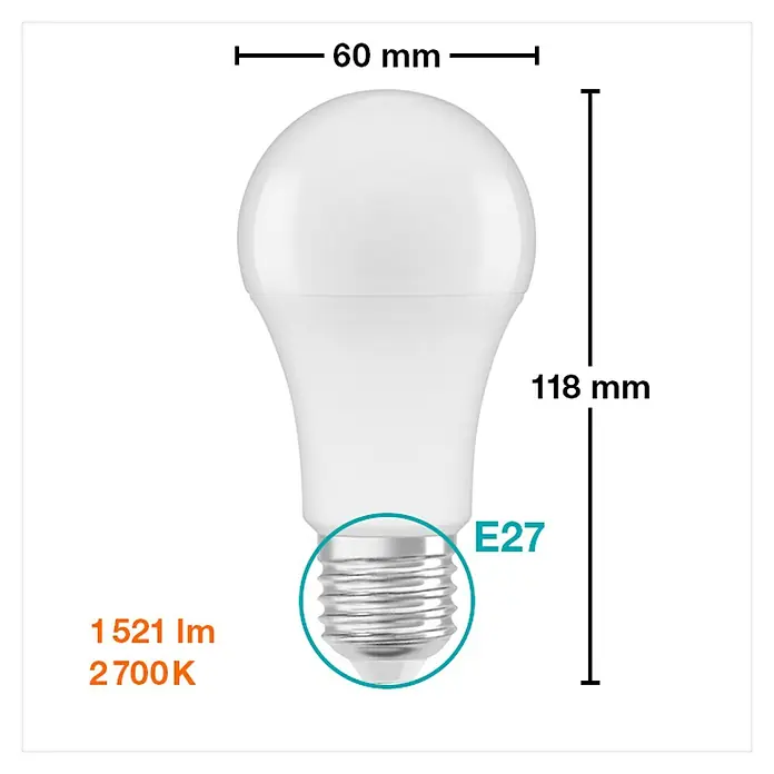 Osram Star Bombilla LED Classic A 100 - E27, No regulable, Blanco cálido, 1.521 lm, 13 W - Imagen de una bombilla LED E27, que mide 60 mm de diámetro y 118 mm de longitud. Perfecta para soluciones de iluminación brillantes y eficientes.