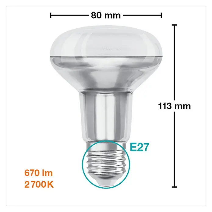 Osram Star Bombilla LED Retrofit R80 - E27, No regulable, Blanco cálido, 670 lm, 9,1 W - Imagen del producto de una lámpara LED con base E27, 670 lm y 2700K, con dimensiones de 80 mm de ancho y 113 mm de alto.