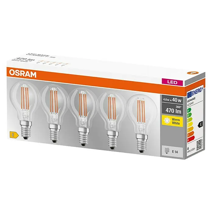 Osram Retrofit LED-Lampe Tropfenform E14 klar - E14, Nicht Dimmbar, Warmweiß, 470 lm, 4 W, 5 Stk. - Eine Packung Osram LED-Lampen, die energiesparend sind und ein warmweißes Licht abgeben, ideal für eine gemütliche Atmosphäre.