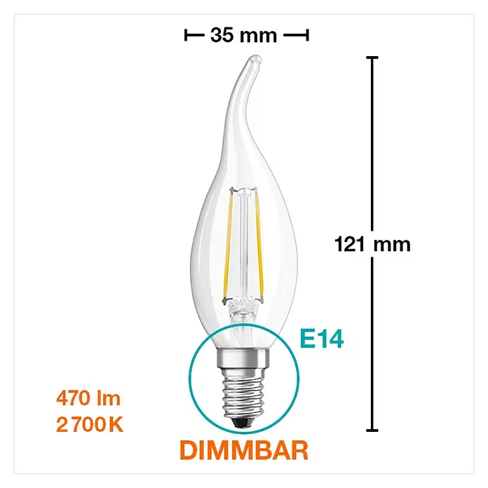 Osram Superstar LED-Lampe Kerzenform E14 klar - E14, Dimmbar, Warmweiß, 470 lm, 5 W - Abbildung einer E14-LED-Filamentlampe in Tropfenform, 470 lm, 2700 K, dimmbar, Abmessungen: 35 mm x 121 mm.
