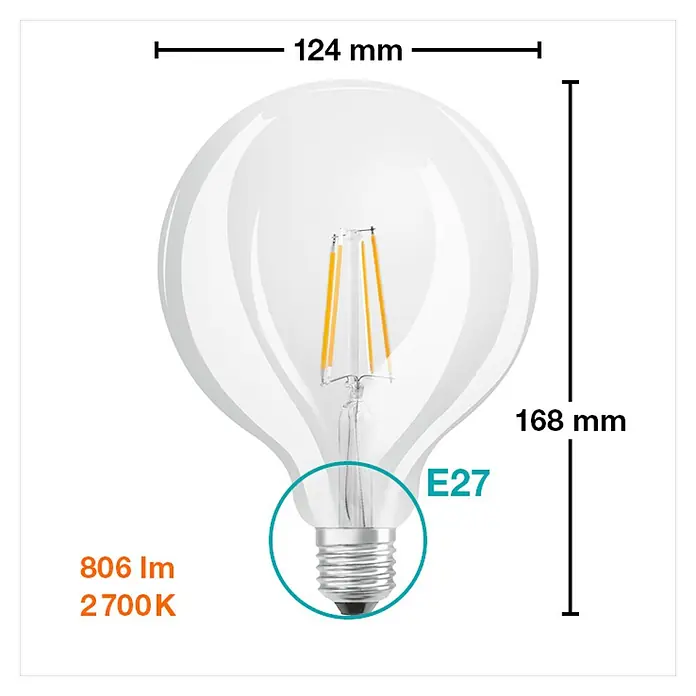 Osram Bombilla LED Retrofit Classic Globe - E27, No regulable, Blanco cálido, 806 lm, 6 W - Imagen del producto de una bombilla globo transparente con base E27, dimensiones: 124 mm de ancho y 168 mm de alto.
