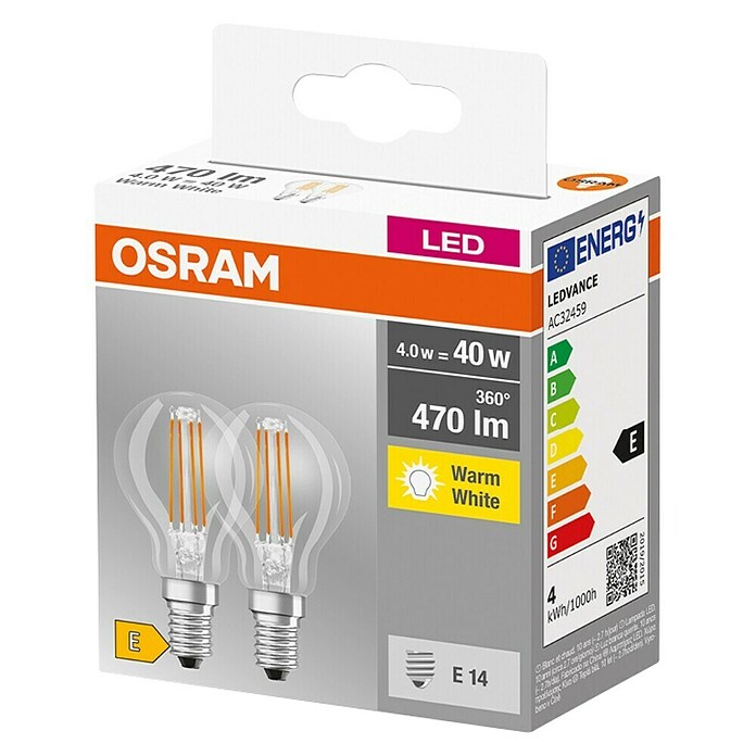 Osram Retrofit Set LED žarulja Classic P 40  (E14, Bez prigušivanja, Topla bijela, 470 lm, 4 W, 2 Kom.) | BAUHAUS