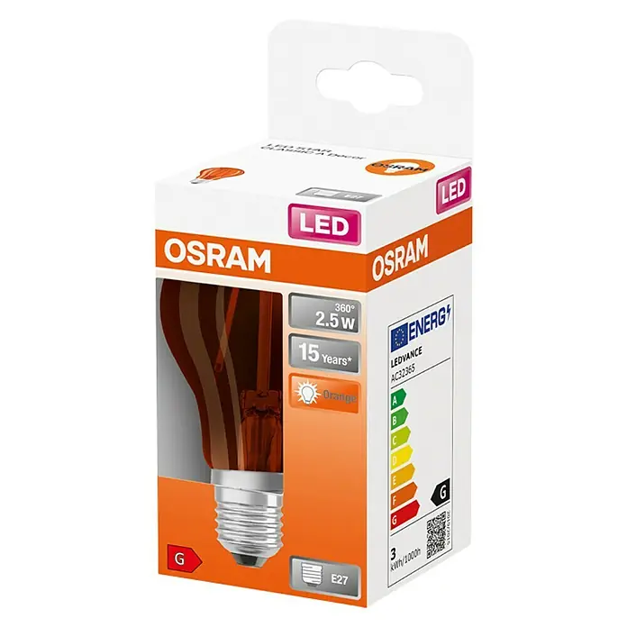 Osram Star LED-Lampe Vintage Glühlampenform E27 - E27, Nicht Dimmbar, 160 lm, 2,5 W, Farbe: Orange - Produktbild einer Osram LED-Lampe in einem orangefarbenen Karton mit technischen Details wie 2,5W und 15 Jahren Lebensdauer.