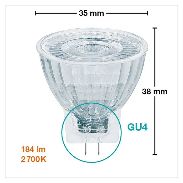 Osram LED-Lampe Star MR11 - GU4, Nicht Dimmbar, Warmweiß, 184 lm, 1,8 W - Das Bild zeigt eine GU4 Halogenlampe mit einer Größe von 35 mm x 38 mm. Die Lampe hat 184 lm und 2700 K.