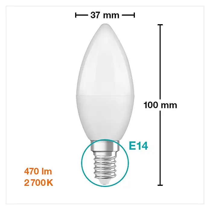 Osram Star LED-Lampen Set Classic B - E14, Nicht Dimmbar, Warmweiß, 470 lm, 5,5 W - Abbildung einer E14 LED-Lampe in Kerzenform mit den Maßen 37 mm Breite und 100 mm Höhe, 470 lm, 2700 K.