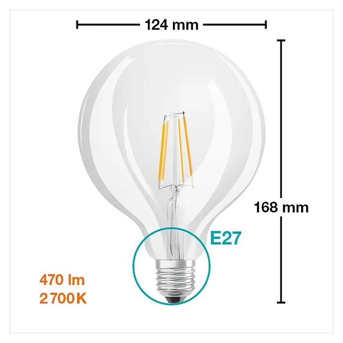 Osram Bombilla LED Retrofit Classic Globe - E27, No regulable, Blanco cálido, 470 lm, 4 W - Ilustración de una bombilla LED E27 con dimensiones de 124 mm de ancho y 168 mm de alto, más detalles de 470 lm y 2700 K.
