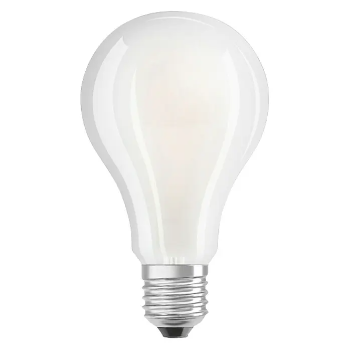 Osram LED-Lampe Glühlampenform E27 matt - E27, Nicht Dimmbar, Warmweiß, 3.452 lm, 24 W - Nahaufnahme einer weißen LED-Lampe mit silbernem Sockel auf schwarzem Hintergrund.