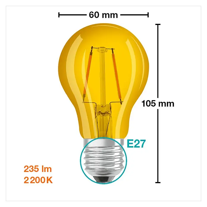 Osram Star LED-Lampe Glühlampenform E27 matt - E27, Nicht Dimmbar, Gelb, 235 lm, 2,5 W, Farbe: Gelb - Abbildung einer E27 Glühbirne in Gold mit den Maßen 60 mm breit und 105 mm hoch, leuchtet mit 235 lm und 2200 K warmweißem Licht.