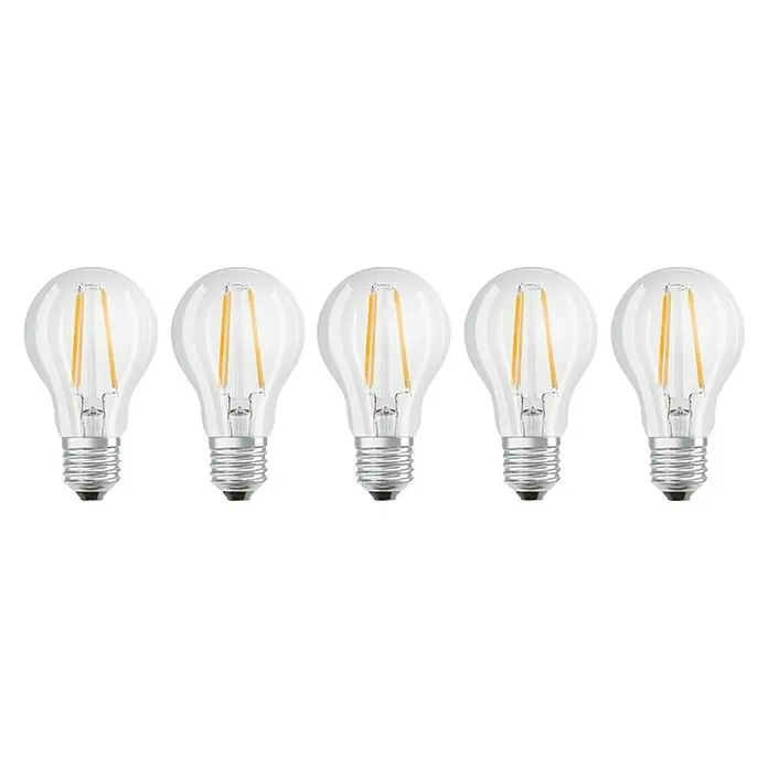 Osram Star LED-Lampen Set Glühlampenform E27 - E27, Nicht Dimmbar, Warmweiß, 806 lm, 7 W, 5 Stk., Klar - Fünf LED-Glühbirnen mit klarem Glas und sichtbaren Filamenten in einer Reihe vor einem schwarzen Hintergrund.