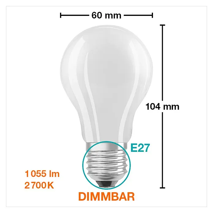 Osram Superstar Bombilla LED - E27, Intensidad regulable, Blanco cálido, 1.055 lm, 9 W, Mate - Imagen de una bombilla LED E27, regulable, con 1055 lúmenes y 2700 Kelvin, dimensiones de 60mm de ancho y 104mm de alto, mostrando las características del producto.
