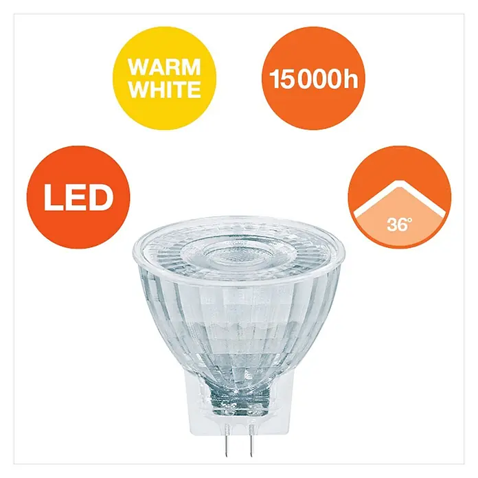 Osram LED-Lampe Star MR11 - GU4, Nicht Dimmbar, Warmweiß, 184 lm, 1,8 W - Nahaufnahme einer MR16 LED-Lampe, die warmweißes Licht erzeugt und eine Lebensdauer von 15000 Stunden hat. Der Abstrahlwinkel beträgt 36 Grad.