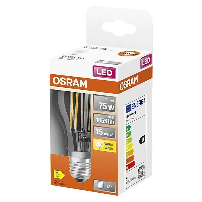 Osram LED-Lampe Glühlampenform E27 - E27, Nicht Dimmbar, Warmweiß, 1.055 lm, 7,5 W - Das Bild zeigt eine LED-Lampe der Marke Osram in ihrer Verkaufsverpackung. Die Lampe ist für E27 Fassungen geeignet und gibt warmweißes Licht ab.