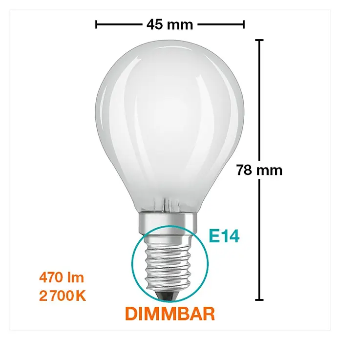Osram Bombilla LED Retrofit Classic P - E14, Intensidad regulable, Blanco cálido, 470 lm, 5 W - Imagen del producto de una lámpara LED Osram E14 con unas dimensiones de 45 mm de diámetro y 78 mm de altura, 470 lúmenes, 2700 Kelvin y regulable.