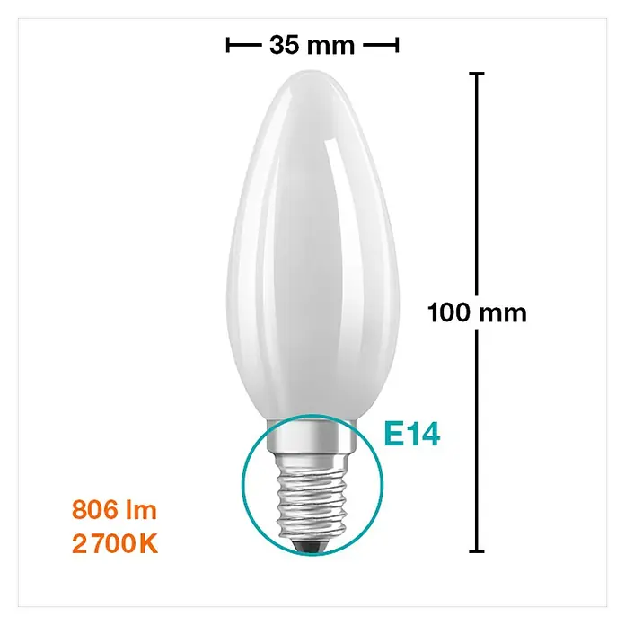 Osram Retrofit Bombilla LED Vela - E14, No regulable, Blanco cálido, 806 lm, 6 W - Imagen del producto de una lámpara LED E14 en forma de vela con 806 lúmenes y una temperatura de color de 2700K, dimensiones de 35mm de diámetro y 100mm de altura.