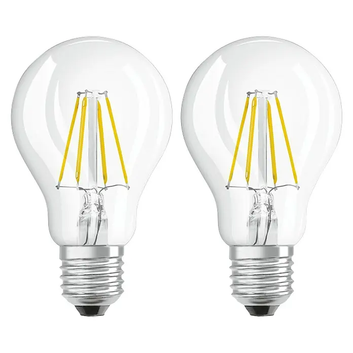 Osram Star LED-Lampen Set Glühlampenform E27 klar 2er Pack - E27, Nicht Dimmbar, Warmweiß, 470 lm, 4 W - Zwei LED-Glühbirnen mit klarem Glas und sichtbaren Filamenten vor schwarzem Hintergrund.