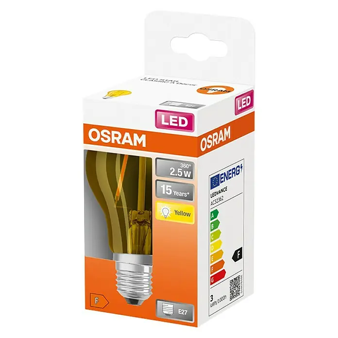 Osram Star LED-Lampe Glühlampenform E27 matt - E27, Nicht Dimmbar, Gelb, 235 lm, 2,5 W, Farbe: Gelb - Nahaufnahme einer Osram LED-Lampe in einer orangefarbenen Verpackung, die die Energieeffizienzklasse F und andere Spezifikationen anzeigt.