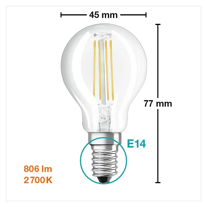 Osram Retrofit Bombilla LED Classic P 60 - E14, No regulable, Blanco cálido, 806 lm, 6,5 W - Imagen de una bombilla LED E14, de 45 mm de diámetro y 77 mm de altura. La bombilla ilumina con 806 lúmenes y 2700K.