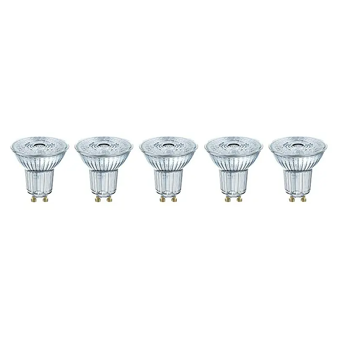 Osram LED-Lampen Set Reflektor GU10 - GU10, Nicht Dimmbar, Warmweiß, 230 lm, 2,6 W, 5 Stk. - Fünf GU10 LED-Lampen in einer Reihe vor schwarzem Hintergrund. Ideal für Akzentbeleuchtung und energieeffiziente Beleuchtungslösungen.