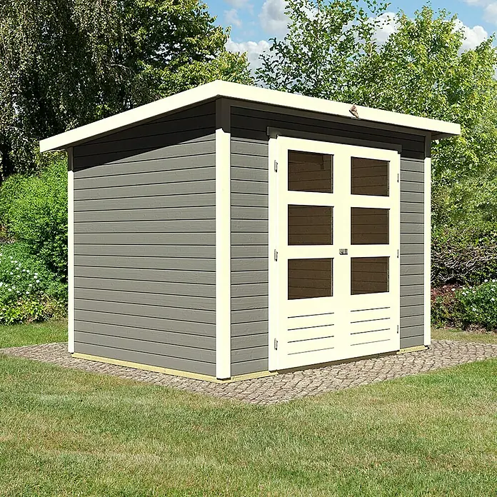 Karibu Gartenhaus Stockach 3 - Außenmaß inkl. Dachüberstand (B x T): 282 x 210 cm, Holz, Terragrau - Das Bild zeigt ein graues Gartenhaus mit Doppeltür und hellem Rahmen auf einer gepflasterten Fläche im Grünen. Das Gartenhaus bietet Stauraum.