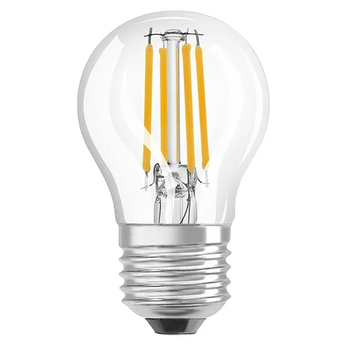 Osram Retrofit Bombilla LED Classic P 60 - E27, No regulable, Blanco cálido, 806 lm, 6 W - Bombilla LED transparente con cuatro filamentos y una base plateada sobre un fondo negro.