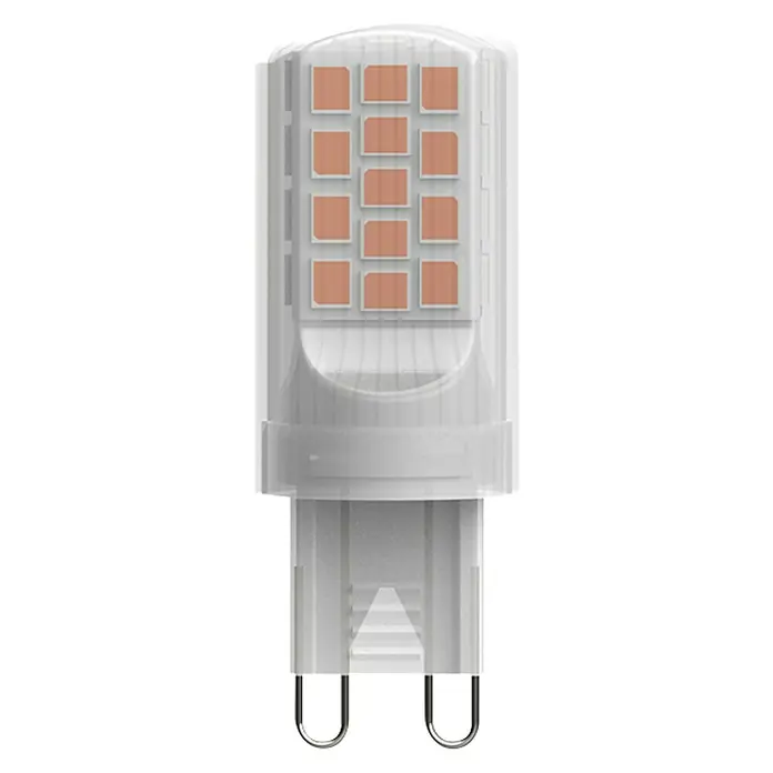 Osram LED-Lampe Pin G9 - G9, Nicht Dimmbar, Warmweiß, 430 lm, 42 W - Nahaufnahme einer G9 LED Lampe mit klarem Gehäuse und mehreren LED-Chips. Energiesparende Beleuchtung für den Innenbereich.