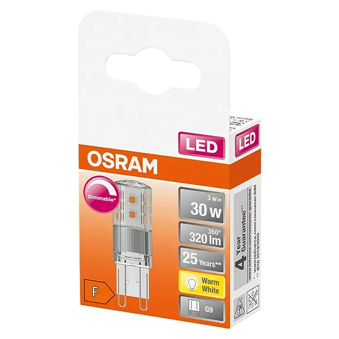 Osram Superstar Bombilla LED - G9, Intensidad regulable, Blanco cálido, 320 lm, 3 W - Imagen del producto de la bombilla LED Osram, G9, 3W, blanco cálido, regulable, con una vida útil de 25 años y 4 años de garantía.