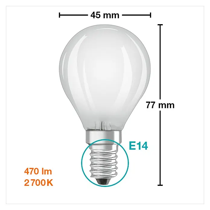 Osram Bombilla LED Retrofit Classic P - E14, No regulable, Blanco cálido, 470 lm, 4 W - Imagen de una bombilla LED mate OSRAM con base E14, 470 lm y 2700 K, con dimensiones de 45 mm de ancho y 77 mm de alto.