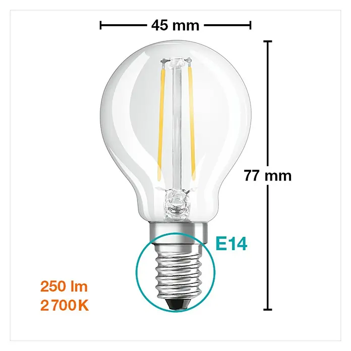 Osram LED-Lampe Tropfenform E14 klar - E14, Nicht Dimmbar, Warmweiß, 230 lm, 2 W - Abbildung einer E14 LED-Lampe mit den Maßen 45mm Breite und 77mm Höhe, die 250 lm bei 2700K liefert.