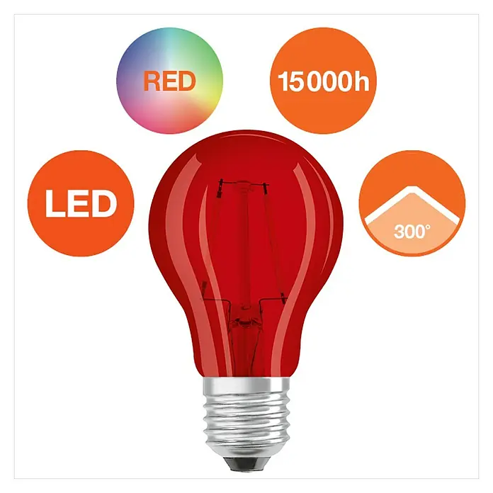 Osram Star LED-Lampe Vintage Glühlampenform E27 - E27, Nicht Dimmbar, Rot, 45 lm, 2,5 W, Farbe: Rot - Rote LED-Lampe mit 15000 Stunden Lebensdauer und 300° Abstrahlwinkel für stimmungsvolle Beleuchtung.