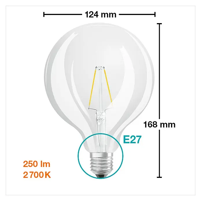 Osram Bombilla LED Retrofit Classic A - E27, No regulable, Blanco cálido, 250 lm, 2 W - Imagen del producto de una bombilla LED E27 con dimensiones, flujo luminoso y detalles de temperatura de color.
