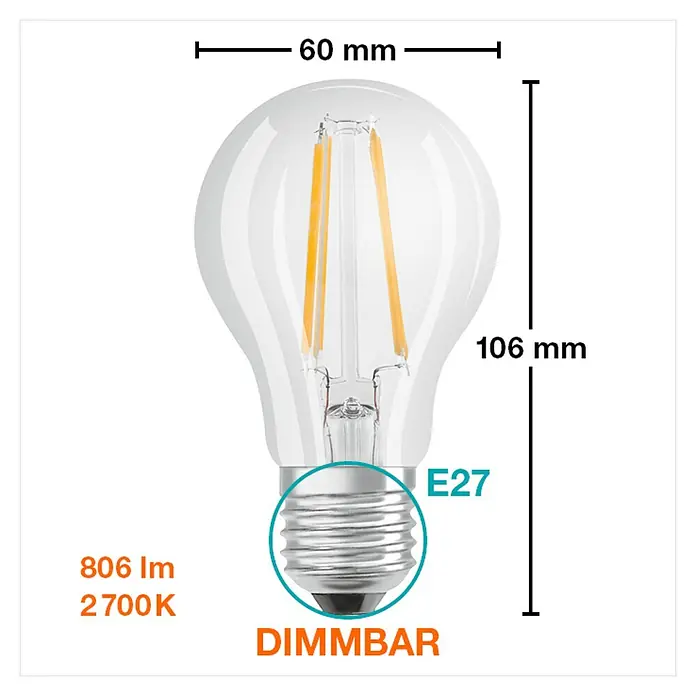 Osram Bombilla LED Retrofit Classic A - E27, Intensidad regulable, Blanco cálido, 806 lm, 7 W - Imagen de una bombilla LED E27 regulable de 806 lúmenes y 2700K, dimensiones: 60 mm de diámetro y 106 mm de altura, ideal para iluminación ambiental.