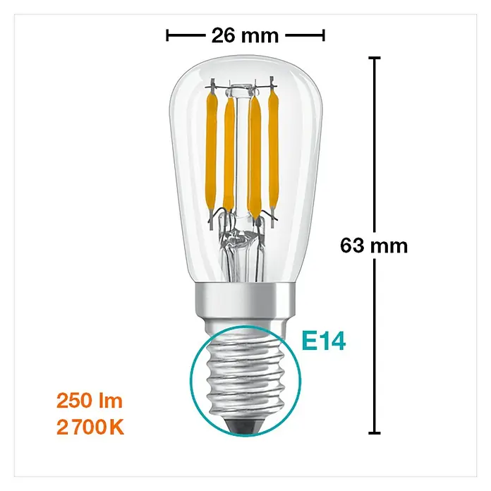 Osram Bombilla LED Special - E14, No regulable, Blanco cálido, 250 lm, 2,8 W - Representación de una bombilla LED de filamento E14, mostrando especificaciones técnicas como 26 mm de diámetro y 63 mm de longitud.