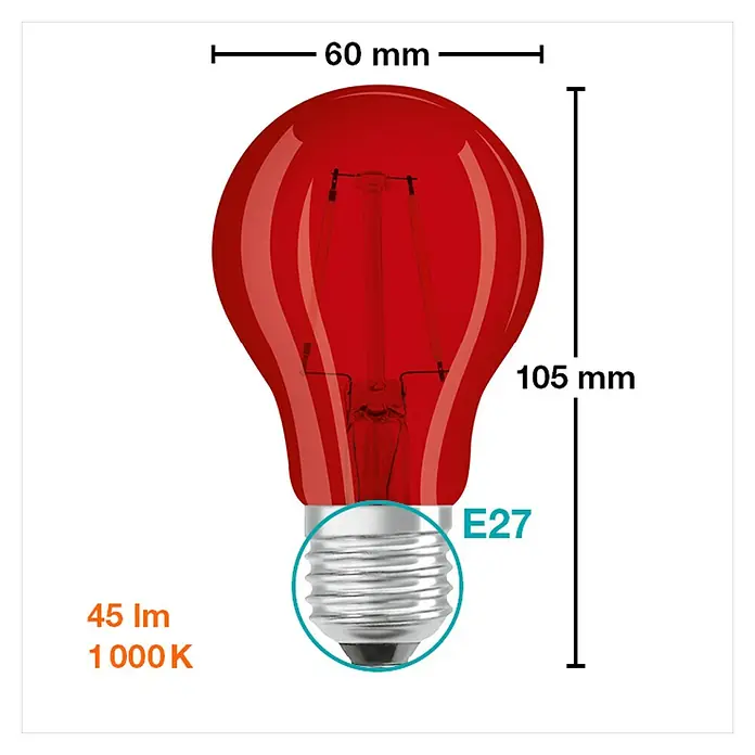 Osram Star LED-Lampe Vintage Glühlampenform E27 - E27, Nicht Dimmbar, Rot, 45 lm, 2,5 W, Farbe: Rot - Abbildung einer roten E27 LED-Lampe mit den Maßen 60 mm breit und 105 mm hoch, die 45 Lumen und 1000 K liefert.