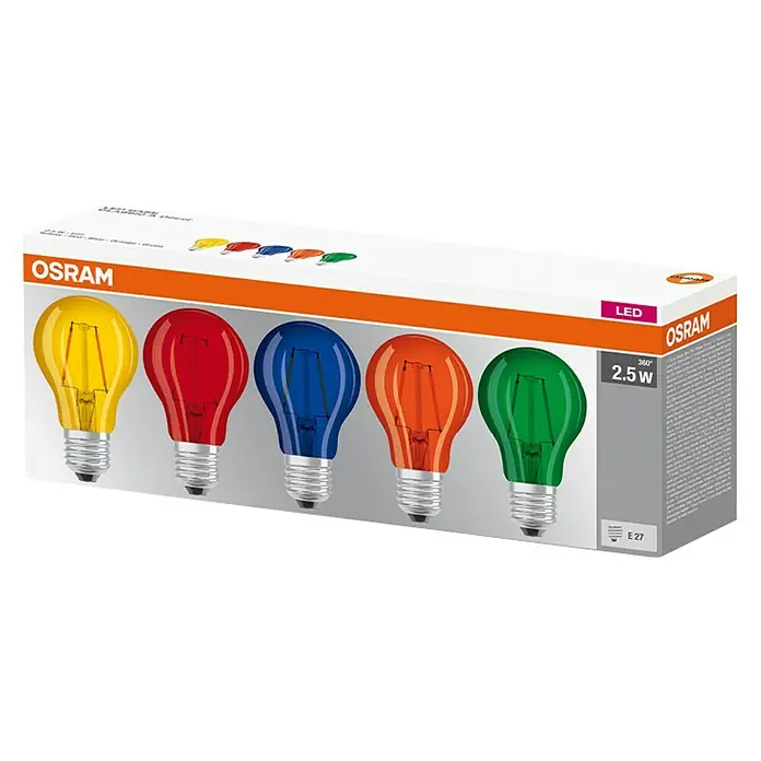 Osram Star LED-Lampe - E27, Nicht Dimmbar, Mehrfarbig, 10 lm, 5 Stk. - Nahaufnahme einer Packung Osram LED-Glühbirnen in verschiedenen Farben, die in einer Reihe aufgereiht sind.
