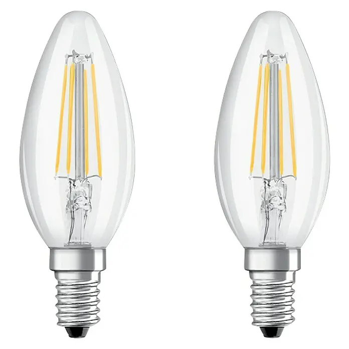 Osram LED-Lampen Set Kerzeform E14 klar - E14, Nicht Dimmbar, Warmweiß, 470 lm, 4 W, 2 Stk. - Zwei LED-Filament-Glühbirnen in Kerzenform mit klarem Glas und E14-Sockel, ideal für stimmungsvolle Beleuchtung.