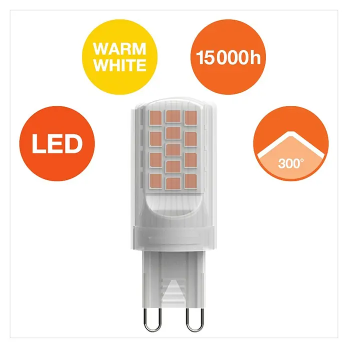 Osram LED-Lampe Pin G9 - G9, Nicht Dimmbar, Warmweiß, 430 lm, 42 W - Produktbild einer LED-Lampe mit den Aufschriften Warmweiß, 15000h, LED und 300°. Die LED-Lampe ist weiß und hat eine transparente Abdeckung.
