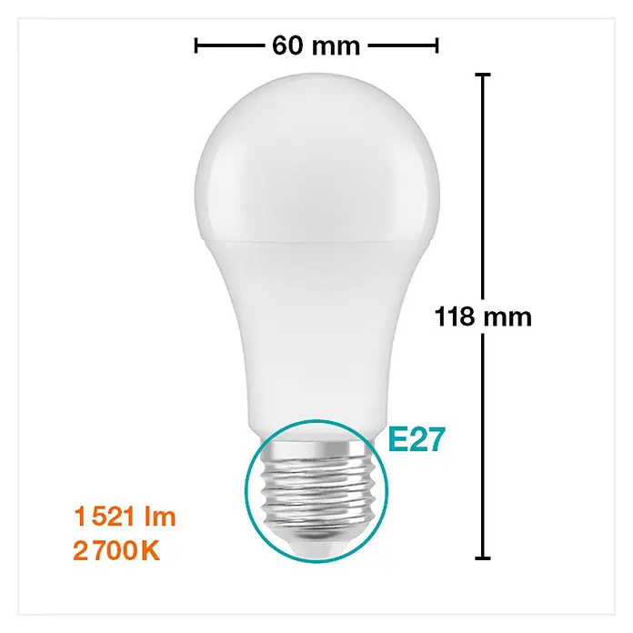 Osram LED-Lampen Set Glühlampenform E27 matt - E27, Nicht Dimmbar, Warmweiß, 1.521 lm, 13 W, 3 Stk. - Bild einer LED-Lampe mit den Maßen 60 mm breit und 118 mm hoch, E27-Sockel und 1521 Lumen bei 2700 K.