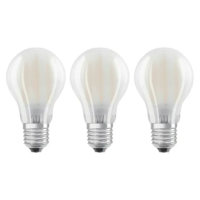 Osram LED-Lampen Set Glühlampenform E27 matt - E27, Nicht Dimmbar, Warmweiß, 1.521 lm, 11 W, Matt - Drei matte LED-Lampen mit E27-Sockel, die ein warmes, angenehmes Licht erzeugen und Energie sparen. Ideal für Wohnräume.