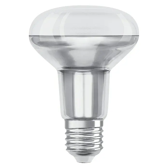 Osram Star Bombilla LED Retrofit R80 - E27, No regulable, Blanco cálido, 670 lm, 9,1 W - La imagen muestra una bombilla LED R63 con rosca E27, hecha de vidrio y metal, diseñada para aplicaciones de reflector interiores.