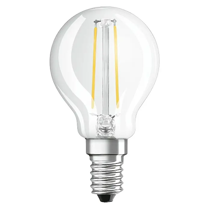 Osram LED-Lampe Tropfenform E14 klar - E14, Nicht Dimmbar, Warmweiß, 230 lm, 2 W - Nahaufnahme einer klaren LED-Lampe mit einem silbernen Sockel vor einem schwarzen Hintergrund.